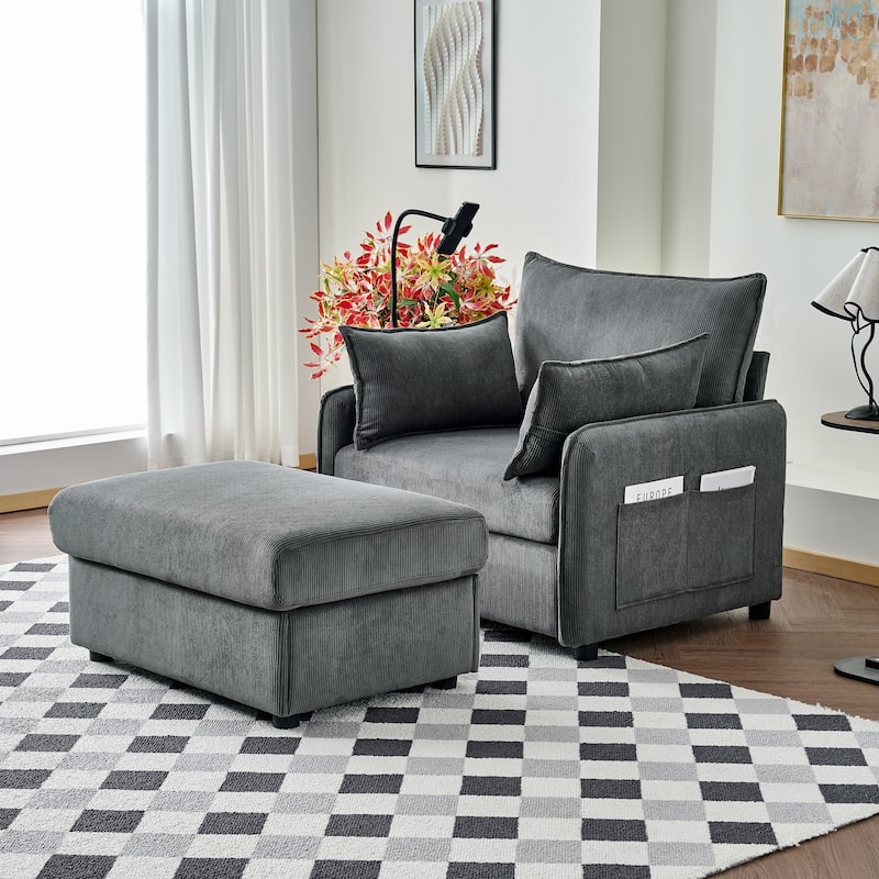 Corduroy Single Sofa Armchair & Storage Ottoman Set with 360° Adjustable Phone Holder, Built-in USB and Side Pockets