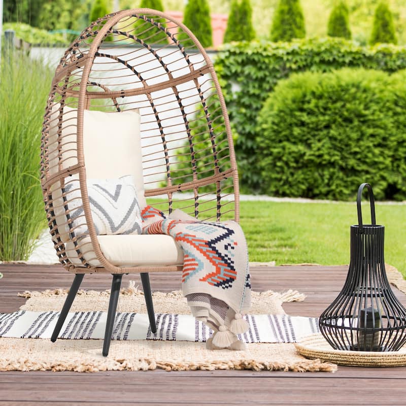 Outdoor 1-Person Wicker Rattan Egg Chair with Stand & Cushion for Porch, Bedroom