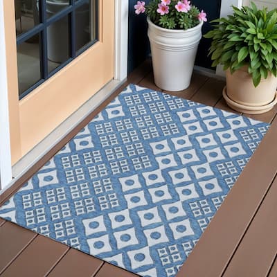 Denim Blue And Light Blue Geometric Washable Indoor Outdoor Area Rug - 3' x 5'
