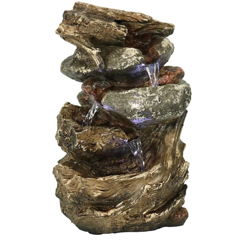 Sunnydaze Tiered Rock and Log Tabletop Fountain with LED Lights - 10.5-Inch