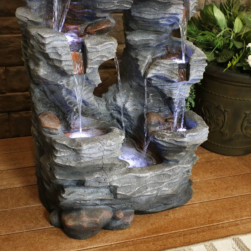 Dual Cascading Rock Falls Water Fountain with LED Lights - 39-Inch