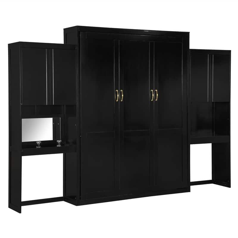 Queen Size Murphy Bed Wall Bed with Desk, Mirror and Vanity, Wooden Foldable Murphy Cabinet Bed with Storage Cabinets