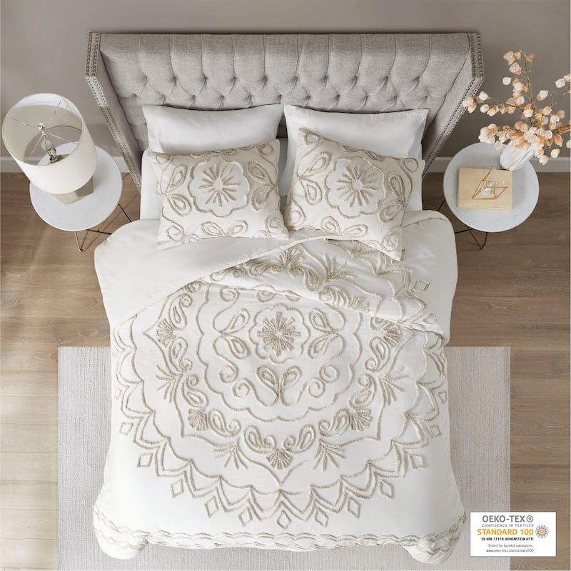 Madison Park Juliana Ivory/ Taupe Tufted Cotton Chenille Duvet Cover Set