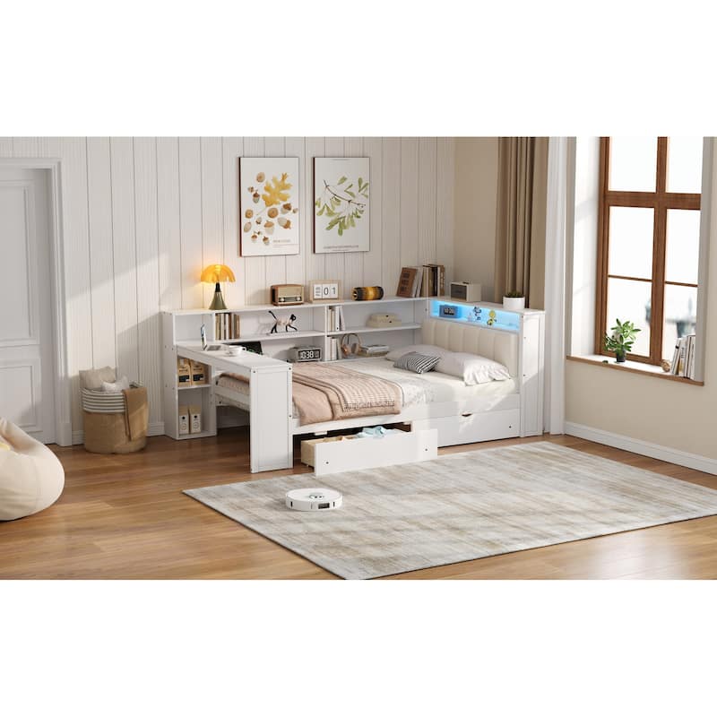 Wood Full Size Platform Bed with Storage Shelves Drawers and Charging Station
