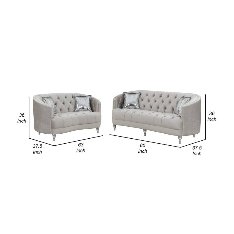 Tiffy 2pc Sofa Loveseat Set, C Shaped Gray Rhinestone Tufted Velvet
