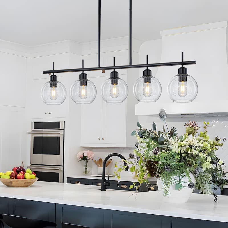 Starsky 5-Light Modern Linear Kitchen Island Pendant with Seeded Glass Globes, Adjustable Height, Black or Gold