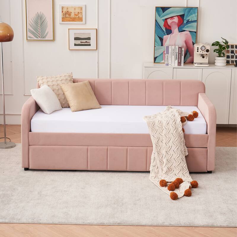 Twin Size Velvet Upholstered Daybed, Wood Sofa Bed Frame Daybed Couch with Trundle Bed and Wood Slat