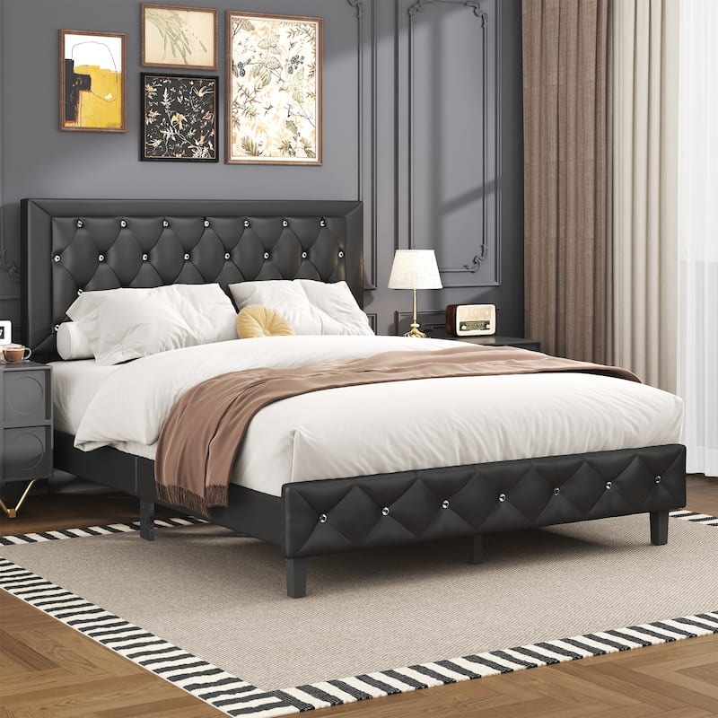 Diamond Tufted Queen Size Bed Frame – Faux Leather & Velvet Options with Button Tufted Headboard, Under-Bed Storage - Black/Faux Leather