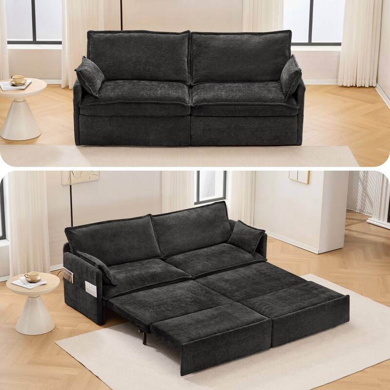 73.6" Corduroy Convertible 3-in-1 Sofa Bed with Charging Ports - Black