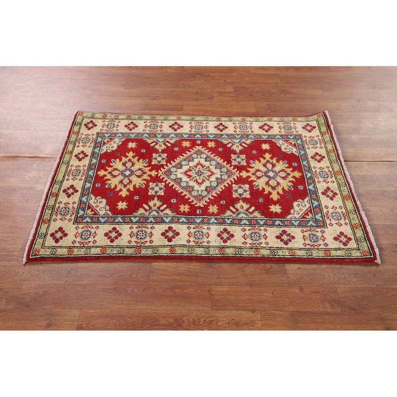 Geometric Red Kazak Accent Rug Handmade Home Decor Wool Carpet - 2'7" x 3'10"