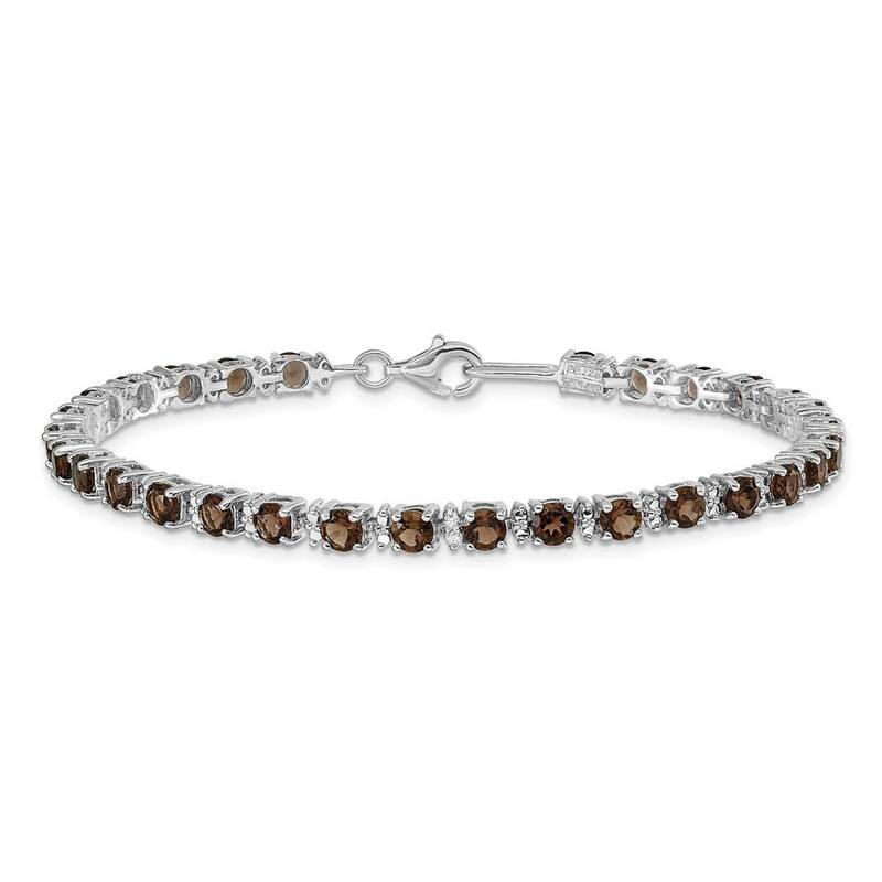 Curata 925 Sterling Silver Polished Fancy Lobster Closure Smokey Quartz and Diamond Bracelet