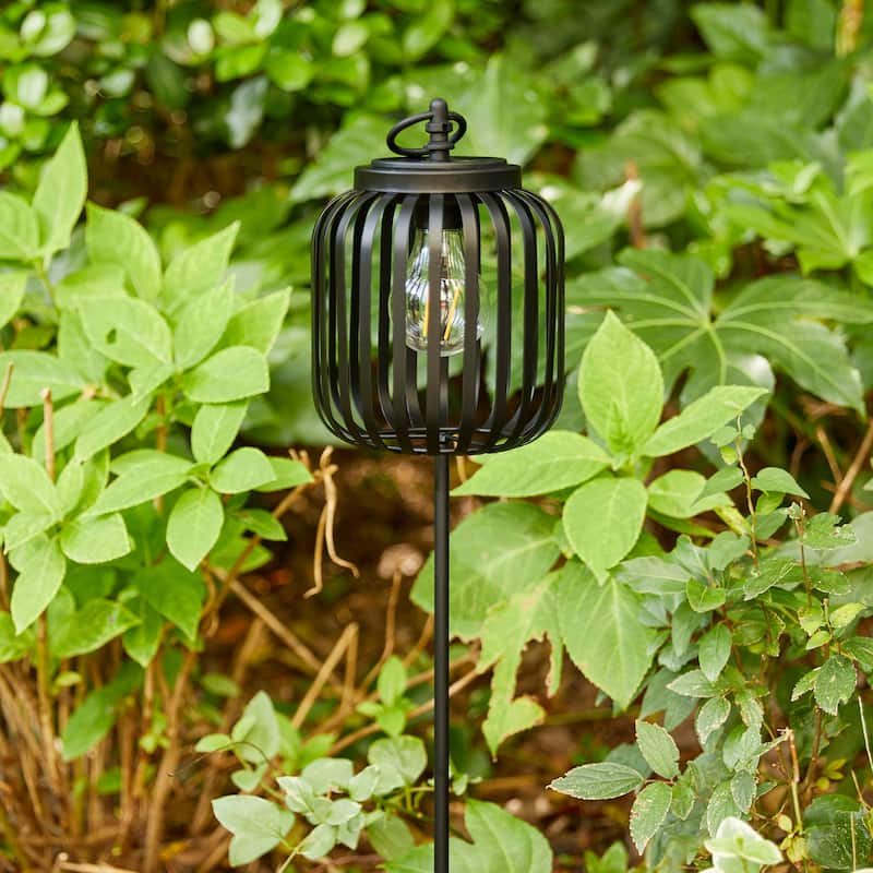 Glitzhome Metal Stripes Waterproof Solar Powered Outdoor Lantern with Garden Stake - Column