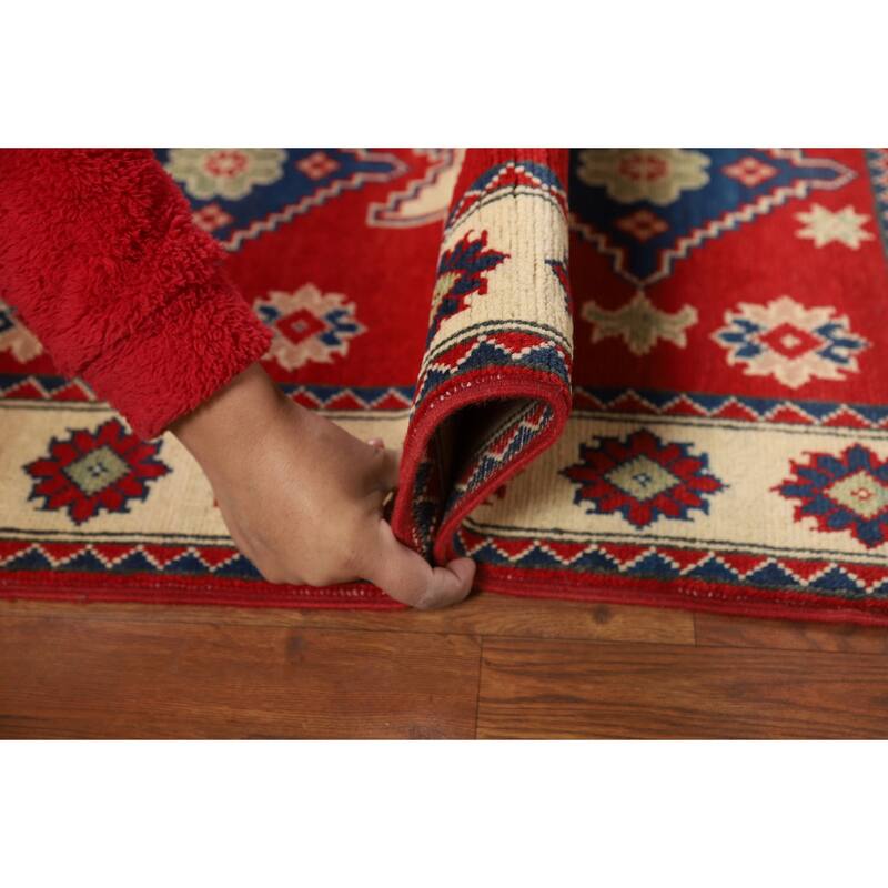 Red Kazak Foyer Rug Handmade Geometric Accent Wool Carpet - 2'8"x 3'9"