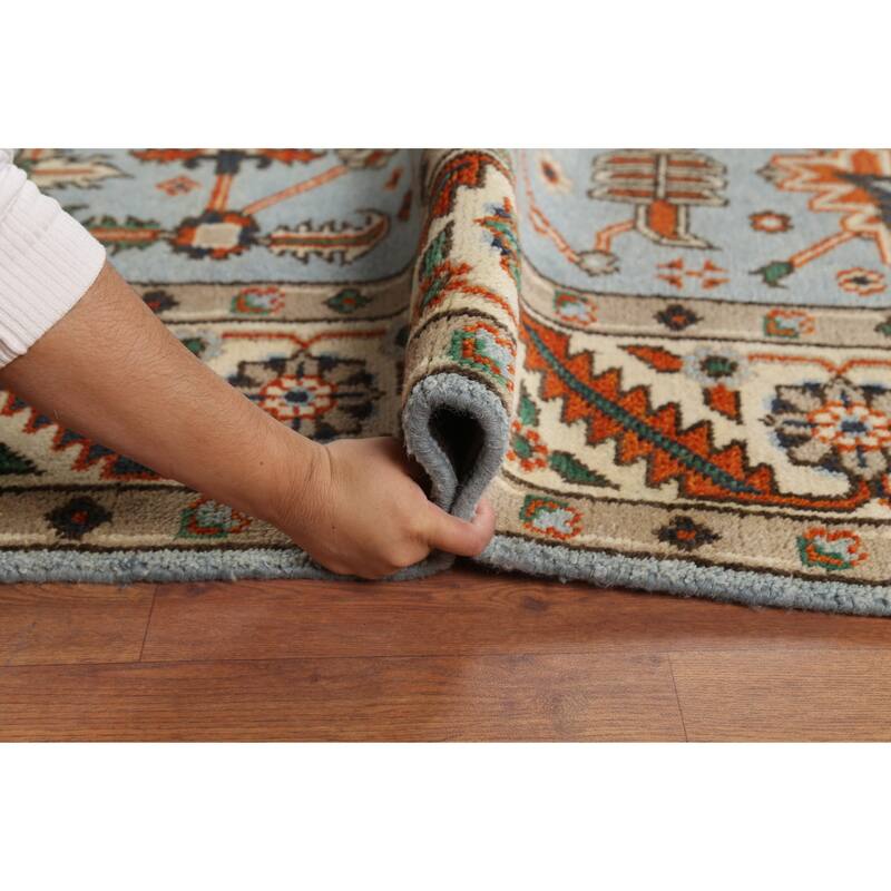 Light Blue Geometric Oushak Oriental Area Rug Hand-Knotted Wool Carpet - 7'10"x 9'10"