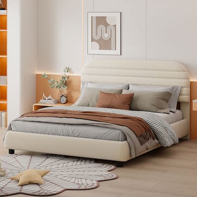 Roomfitters Queen Size Velvet Upholstered Platform Bed with Solid Frame, Stylish Curve-Shaped Design, Classic Bedroom Furniture