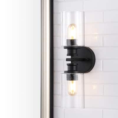 Jules Edison 16.5" Cylinder 2-Light Iron/Seeded Glass Farmhouse Contemporary LED Wall Sconce, Black by JONATHAN Y - One