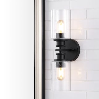 Jules Edison 16.5" Cylinder 2-Light Iron/Seeded Glass Farmhouse Contemporary LED Wall Sconce, Black by JONATHAN Y - One