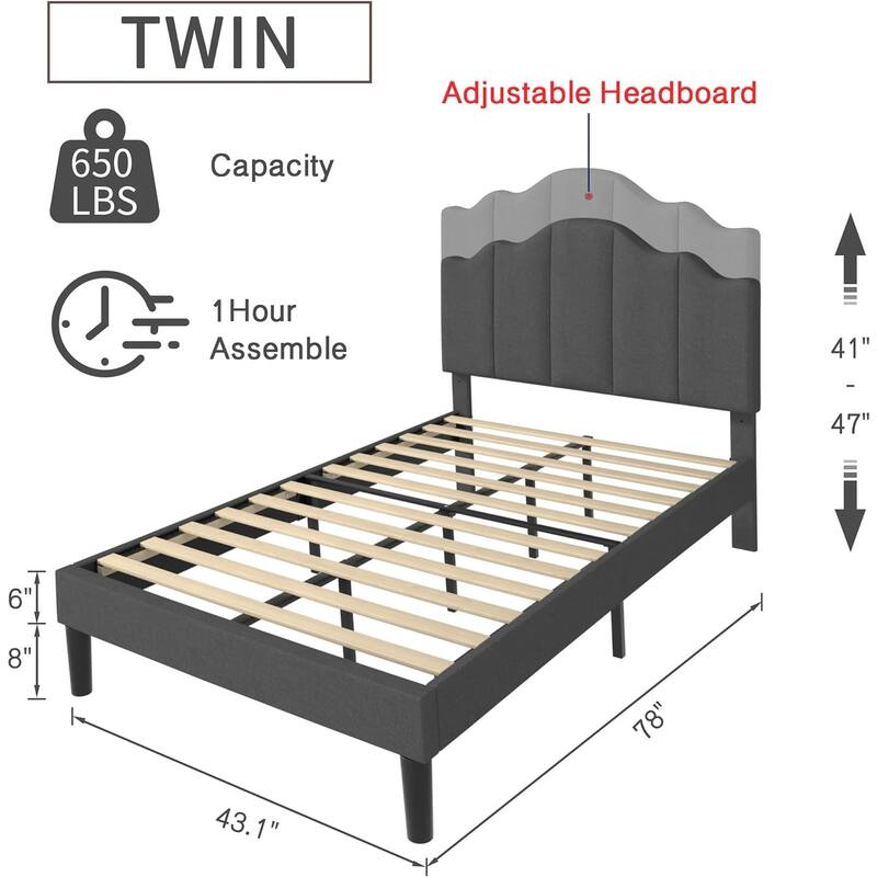VECELO Modern Upholstered Platform Bed with Adjustable Headboard, Dark Blue/ White/ Grey/ Beige Bed Frames