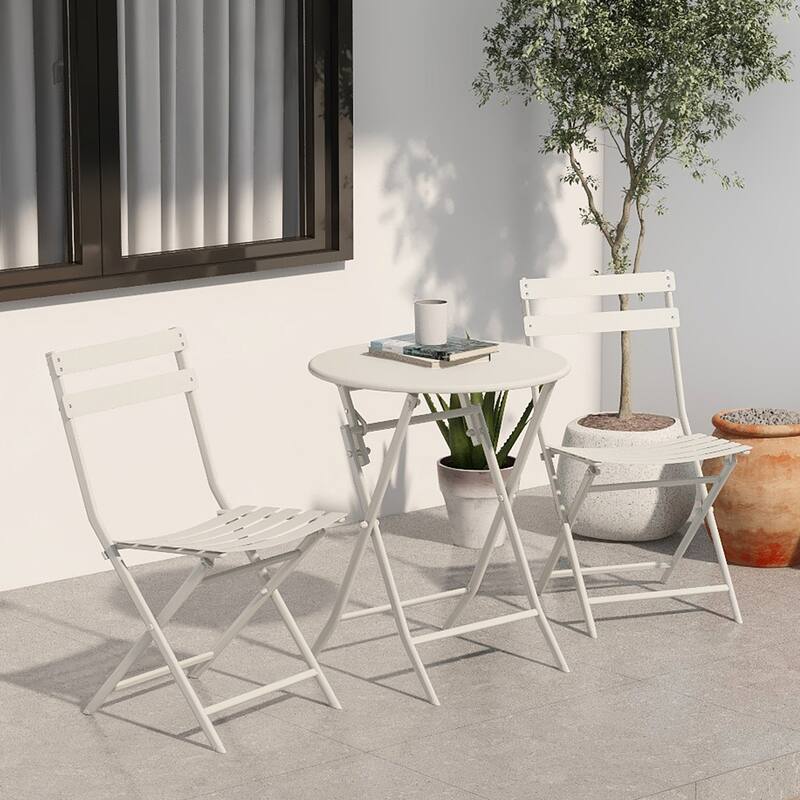 Modern 3 Piece Patio Bistro Set w/ Foldable Round Table and Chairs
