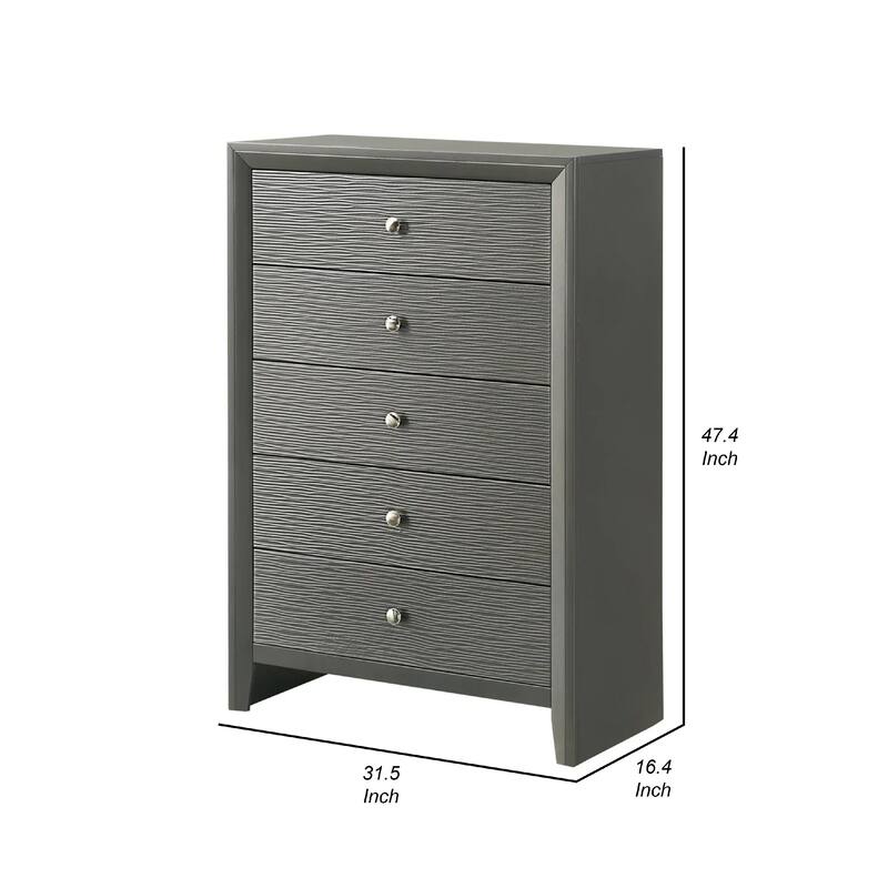 Deny Tall Dresser Chest, 5 Drawers, Silver Round Knobs, Metallic Gray Wood