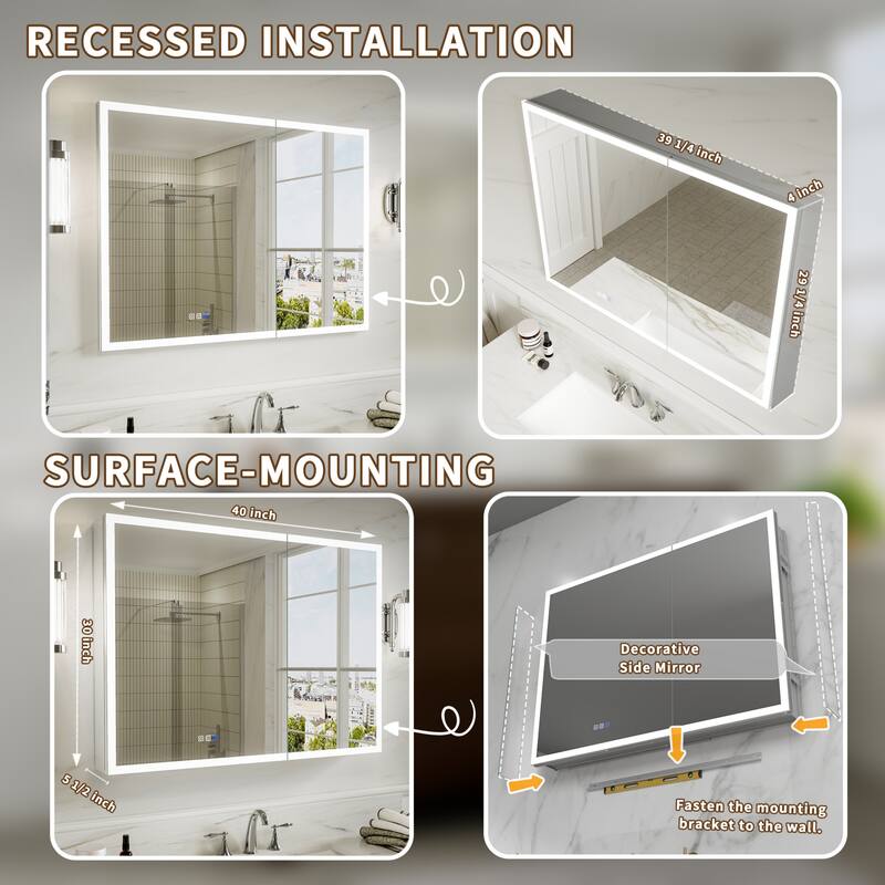 Modland 36"-48"W x 30"H LED Bathroom Medicine Cabinet Dimmable Anti-Fog,Recessed or Surface Mount