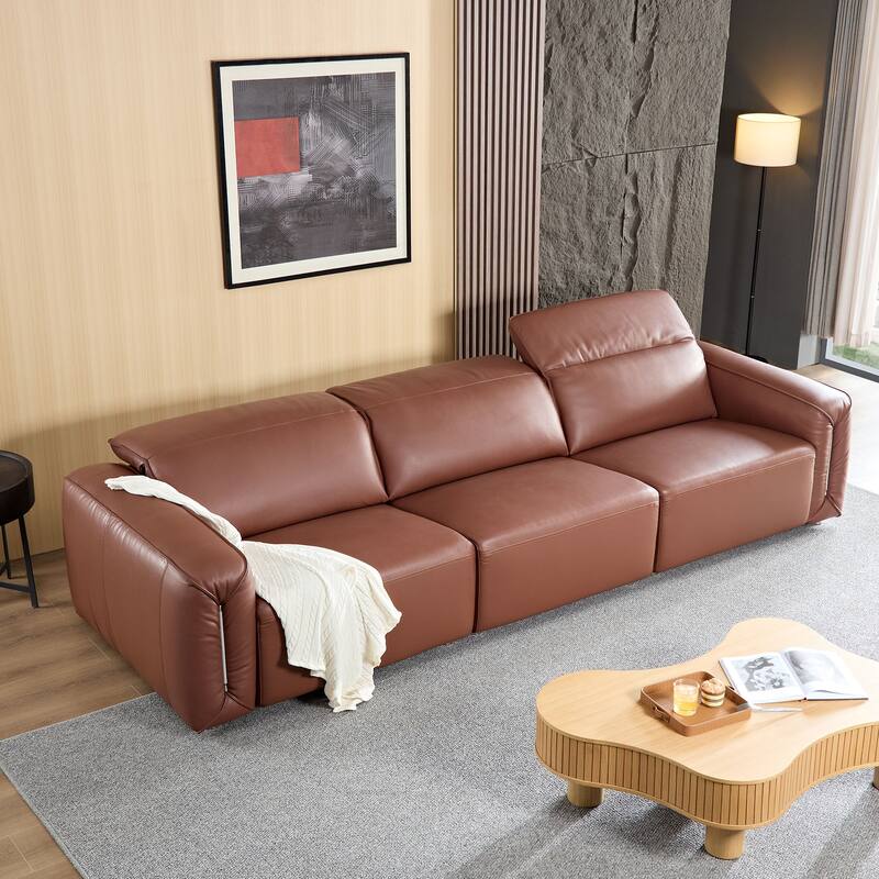 Modern 3-Seater Leather Sofa for Living Room, Comfy Sofa Couch with Extra Deep Seats, Adjustable Headrests - Brown