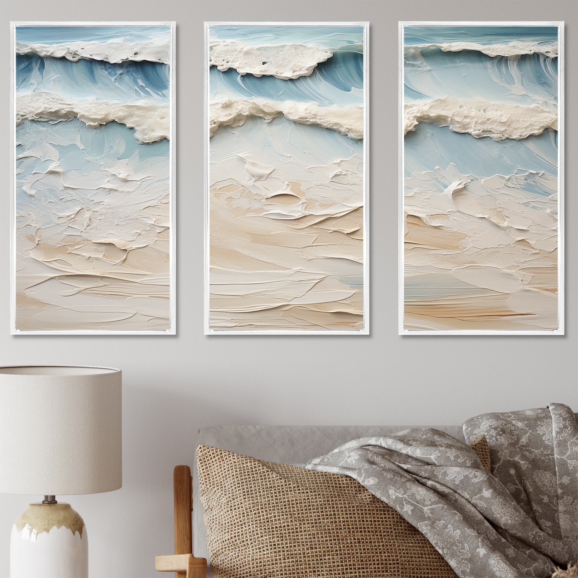 Designart "Beige And Blue Coastal Beach Paint I" Coastal Beach Framed Art Set of 3 - Nautical & Coastal Wall Art Set