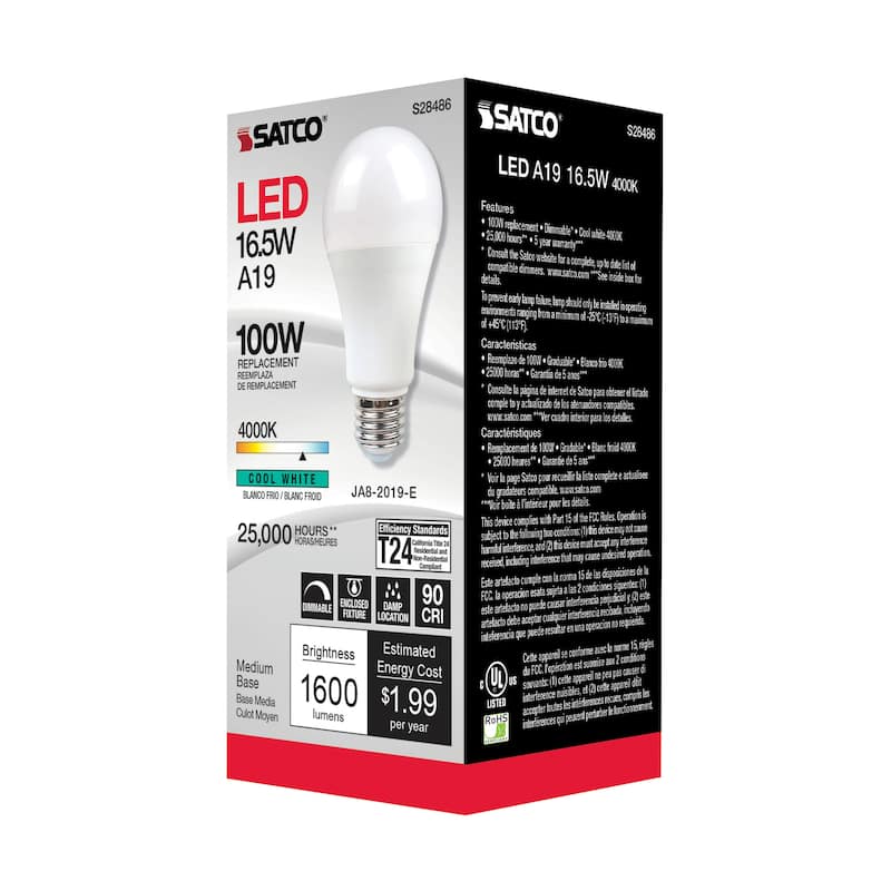 16.5 Watt A19 LED 90CRI 4000K Medium base 220 deg. Beam Angle 120 Volt 1600 Lumens CEC - White - N/A