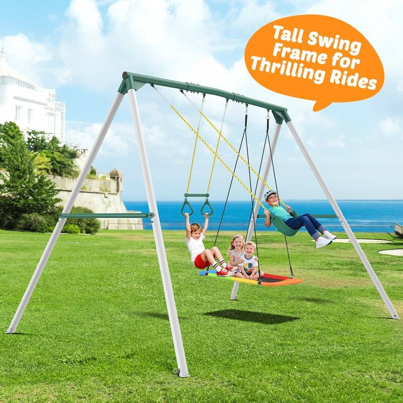 9.5' Heavy Duty Metal Swing set for Backyard with Platform Swing, Belt Swing, and Trapeze Bar