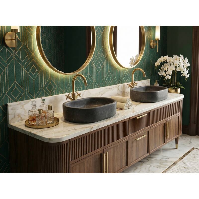 Roomfitters Marble Bathroom Vessel Sink, Natural Stone Countertop Wash Basin, Oval Matte Vanity Bowl, Dark Grey