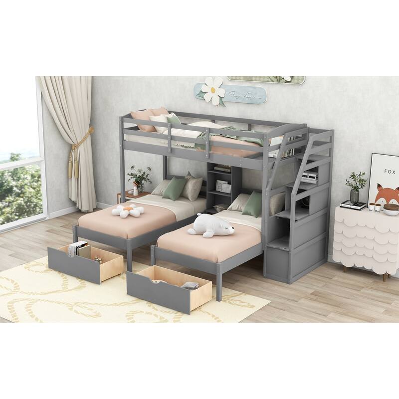 Twin Over Twin & Twin Pine Triple Bunk Bed with Drawers, Staircase, and Shelves