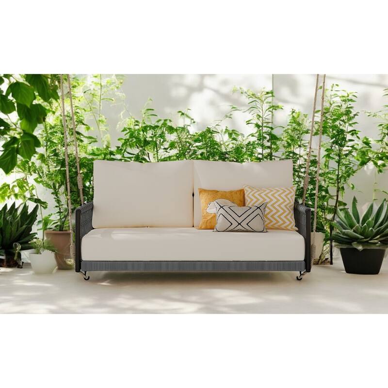 1-Piece Woven Rope Outdoor Swing Sofa with Cushions – Comfortable 2-Person Patio Seating for Garden, Courtyard, and Balcony - Beige+black