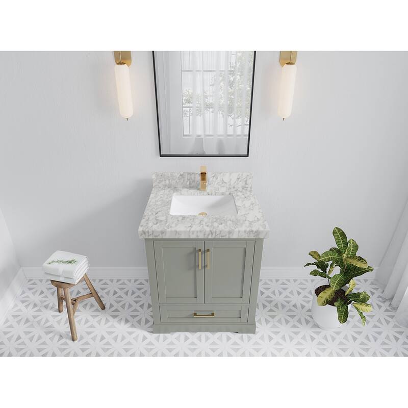 Willow Collection 30 in W x 22 in D x 36 in H Reeded Boston Single Bowl Sink Bathroom Vanity with Quartz or Marble Countertop - 2"Carrara Marble - Evergreen