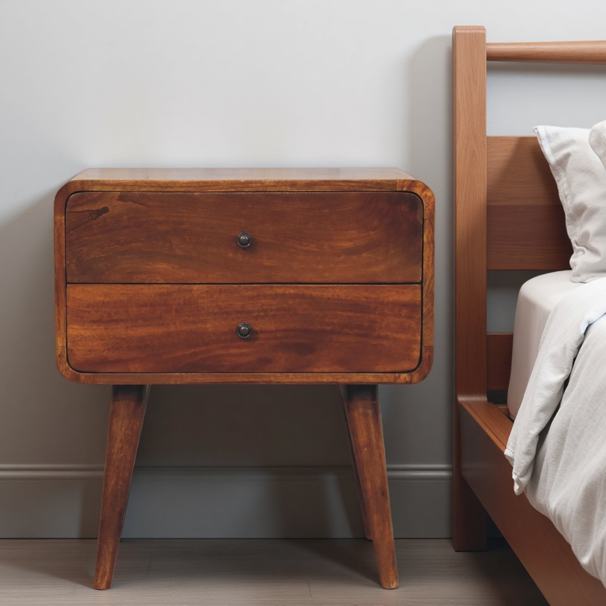 21.65"L Large Solid Mango Wood Curved Chestnut Bedside with 2 Drawers and Nordic Legs