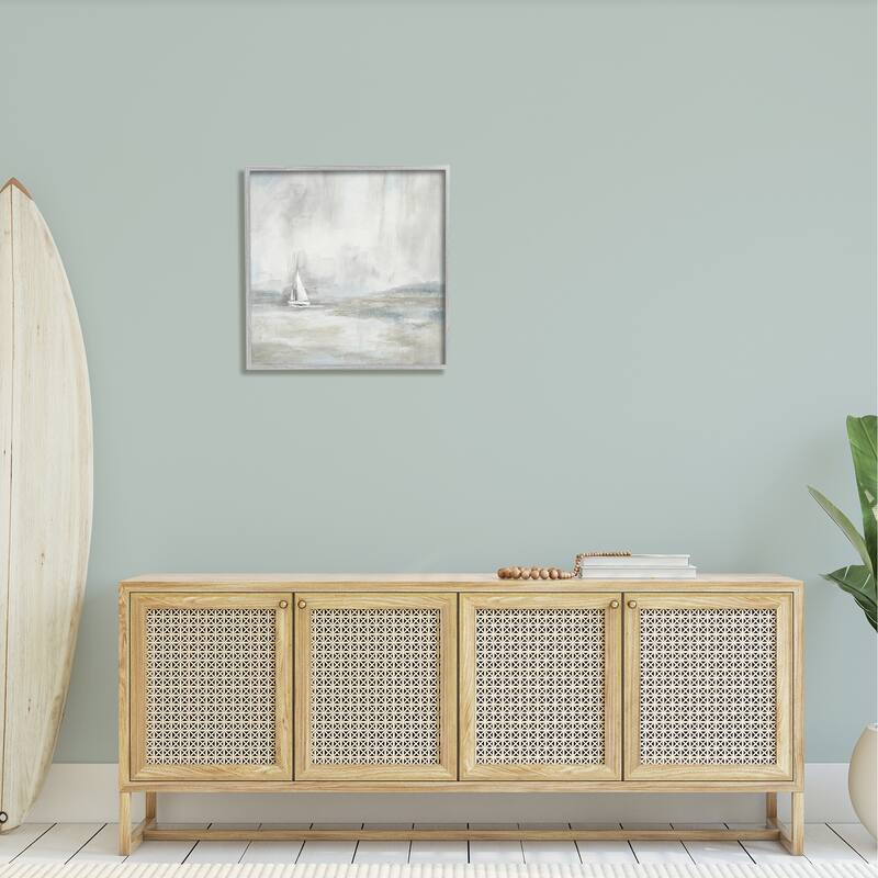 Stupell Abstract Sailboat Drifting Ocean Waves Beige Neutrals Framed Wall Art - White