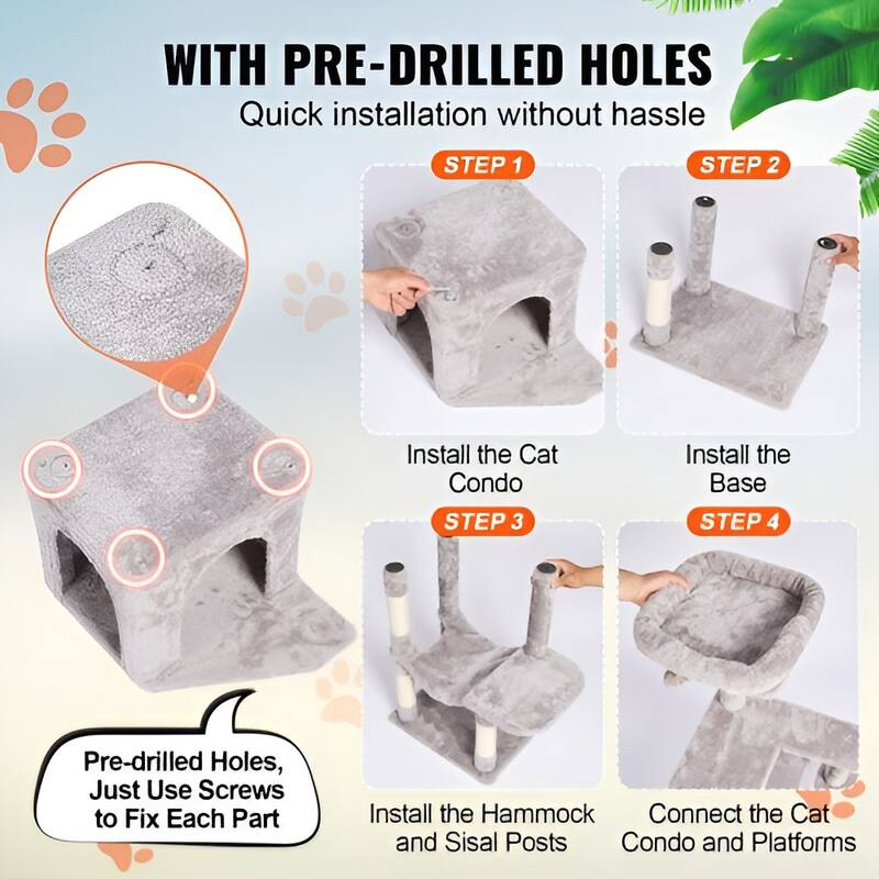 Light Grey Particle Board 7-Layer Cat Tree with Condo and Hammock