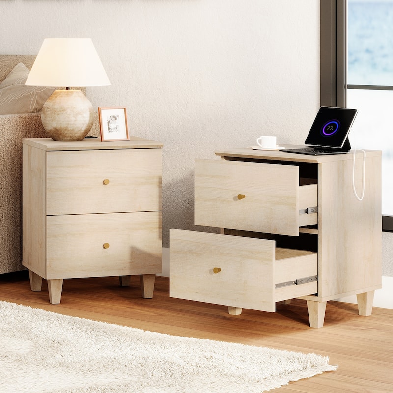2 Drawer Nightstands with Charging Station for Bedroom