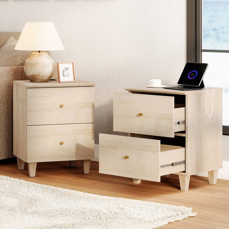 WAMPAT End Table with Charging Station and 2 Drawer for Living Room