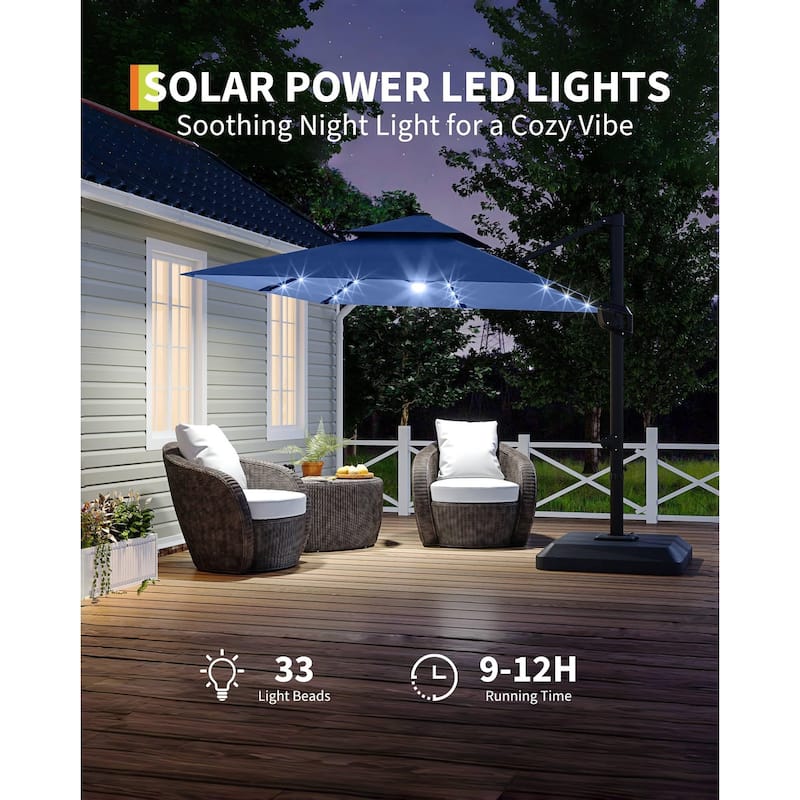 Coromose 10' x 10' Heavy Duty Cantilever Patio Umbrella, with Solar LED Lights & Weighted Base