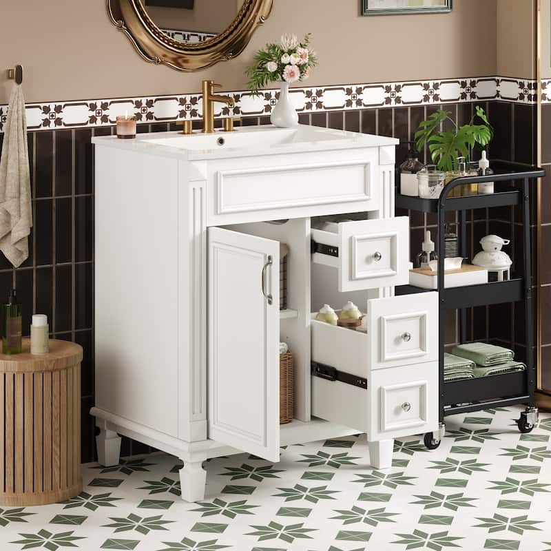 24" Bathroom Vanity With Ceramic Sink,Small Bathroom Sink Cabinet,Modern Cabinet With 2 Drawers And Adjustable Shelf