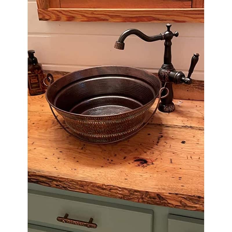 15" Copper Bucket Vessel Bathroom Sink 13" Faucet & LT Drain - 15" x 15" x 6"