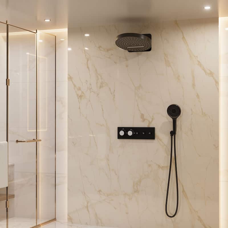 Luxury Thermostatic Shower System 5-Spray Patterns 16" Round Wall Mount Fixed and Handheld Shower Head - 15.7" x 15.7"