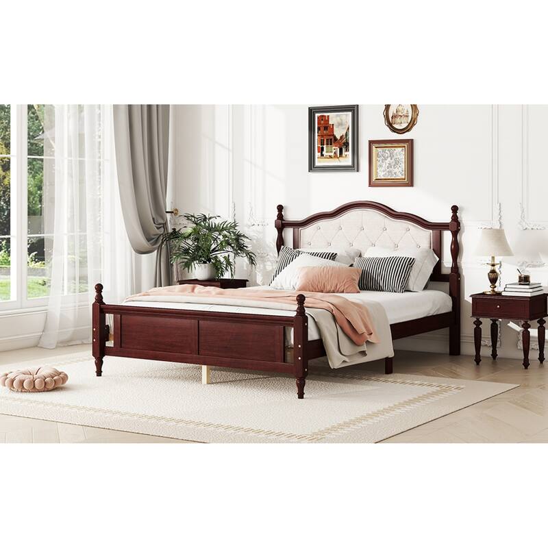Roomfitters Queen Pine Wood Bed Frame with Upholstered Headboard and Panel Footboard, Platform Support Design, Cherry
