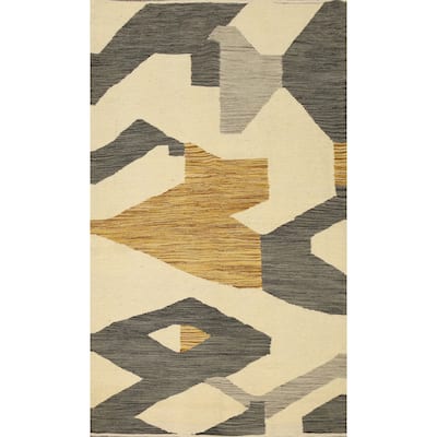 Hand Woven Oriental 100% Wool Carpet Southwestern Modern Beige & Ivories Kilim Area Rug - 5' 1'' X 3' 3''