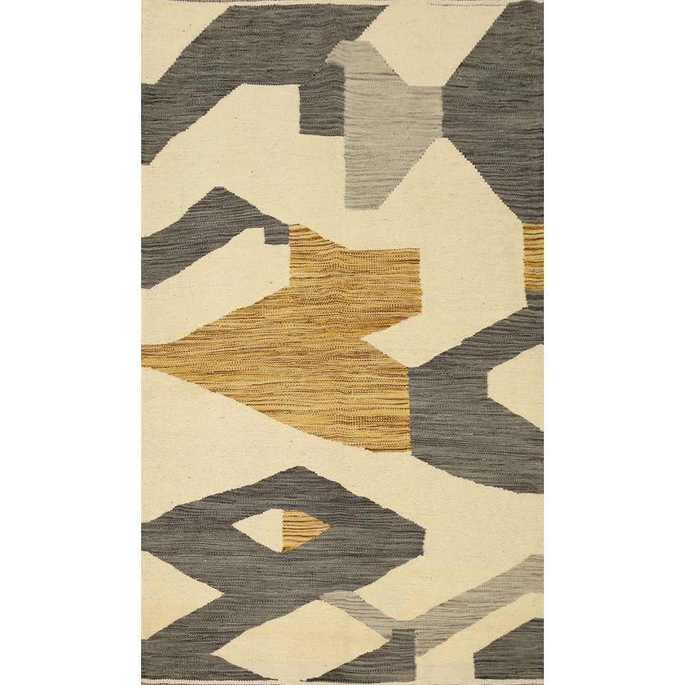 Hand Woven Oriental 100% Wool Carpet Southwestern Modern Beige & Ivories Kilim Area Rug - 5' 1'' X 3' 3''
