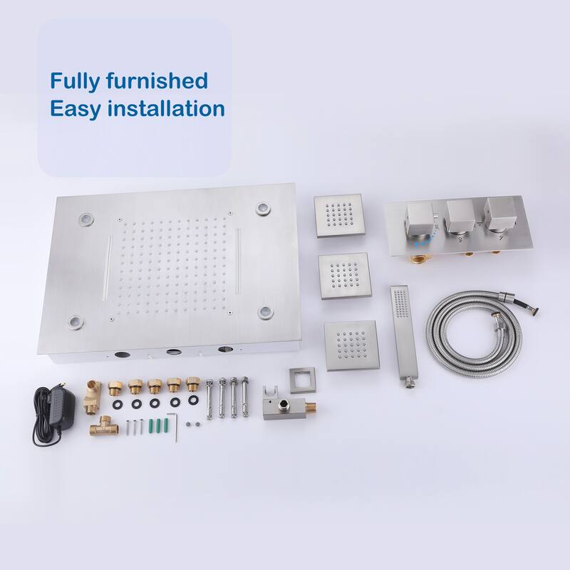 LED 4-Way Complete Rain and Waterfall Shower System with 3 body Jets & High-pressure Handheld, Ceiling Mounted
