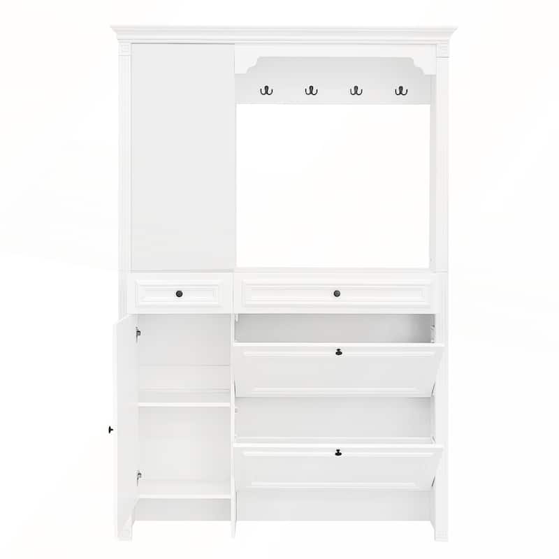 54.7in Hall Tree with Integrated Shoe Cabinet and Mirrored Cabinet Door