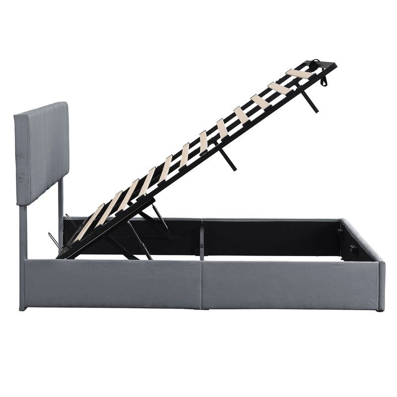 Linen Upholstered Bed Low Profile Platform Bed Storage Bedframe with Hydraulic Storage System, Headboard and Slats Support