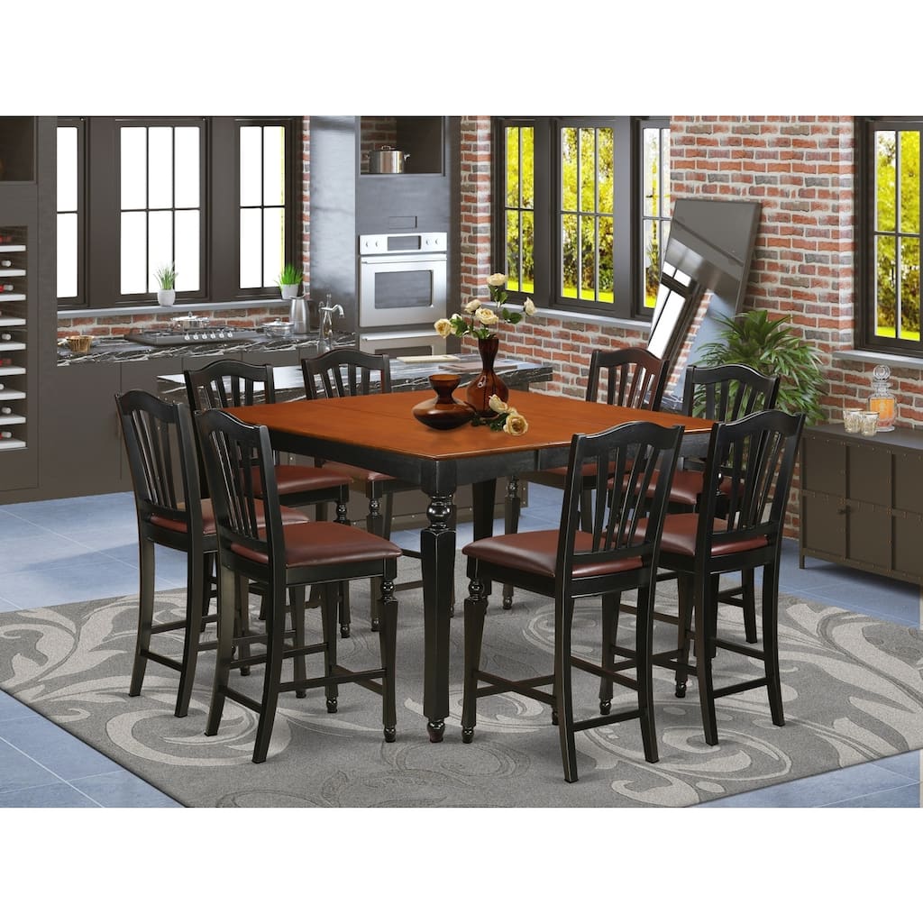 HomeStock 9-Piece Square Black Finish Solid Wood Top Dining Table with 8-Chairs with Lattice Back