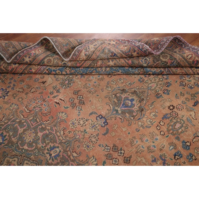 Distressed Mashad Vintage Persian Rug Handmade Wool Carpet - 9'6" x 12'11"